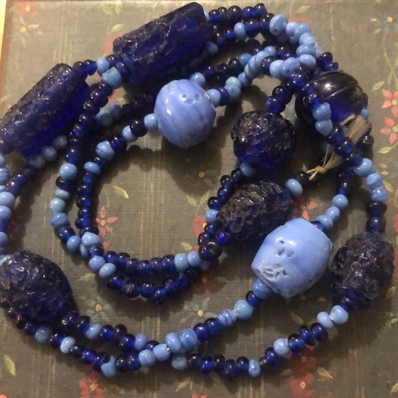 Handmade Blue Glass Bead Necklace 38” - Picture 2 of 4